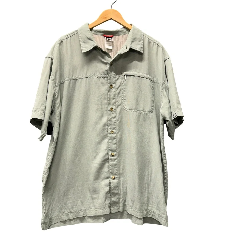The North Face Button Down Shirt Mens XL Short Sleeve Sage Green Hiking Gorpore